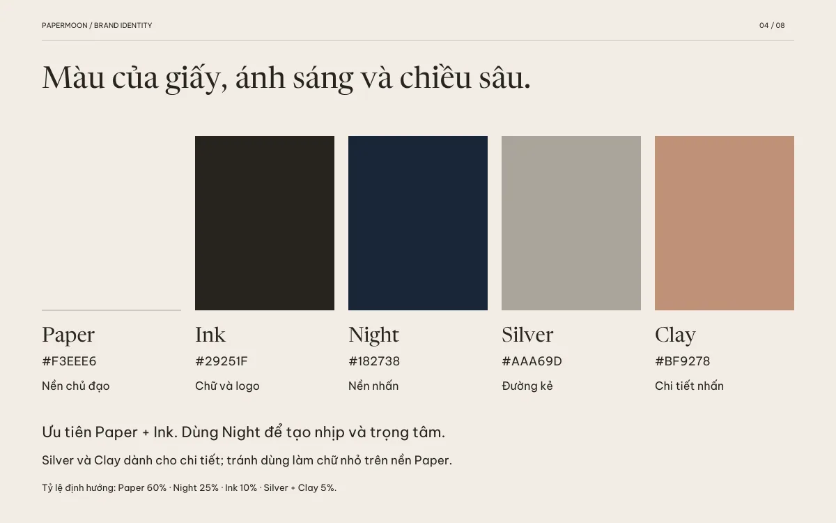 Trang quy chuẩn: năm màu Paper, Ink, Night, Silver, Clay