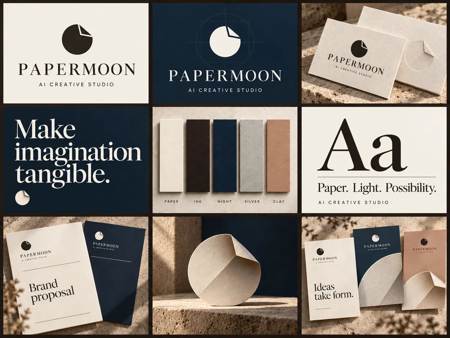 Tổng quan bộ nhận diện Papermoon: logo, màu, chữ, ấn phẩm