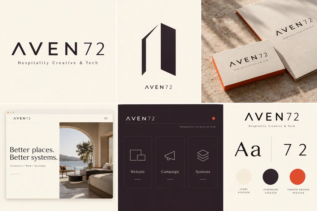 AVEN72 concept: an airy wordmark whose A reads as an architectural opening, cream and aubergine