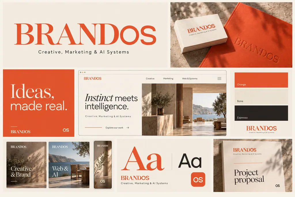 BRANDOS DUAL identity board: serif wordmark with an OS mark, orange, stationery and website