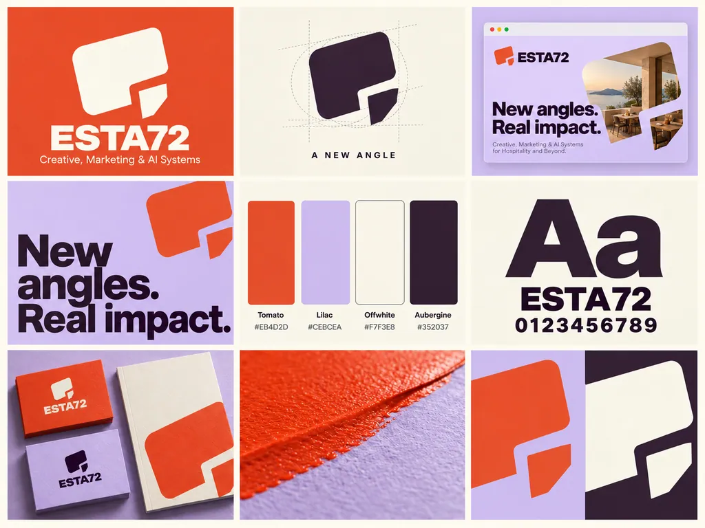 ESTA72 brand kit: an open-corner block symbol in tomato orange and lilac