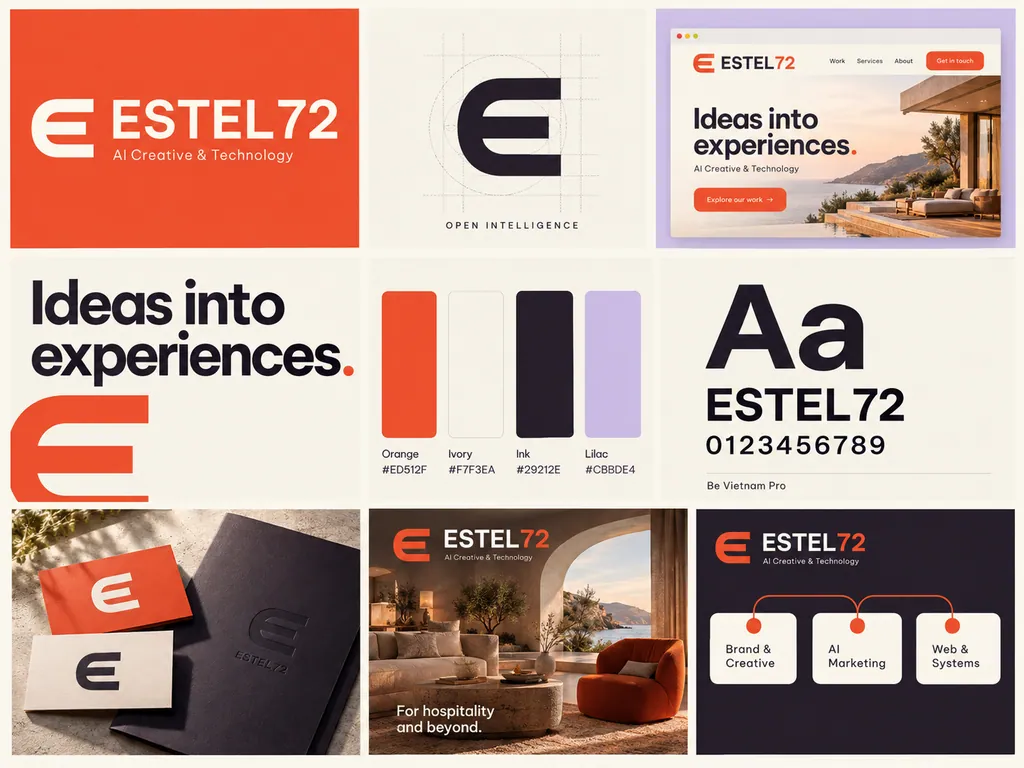 ESTEL72 brand kit: a continuous curved E in orange, aubergine and lilac with website samples