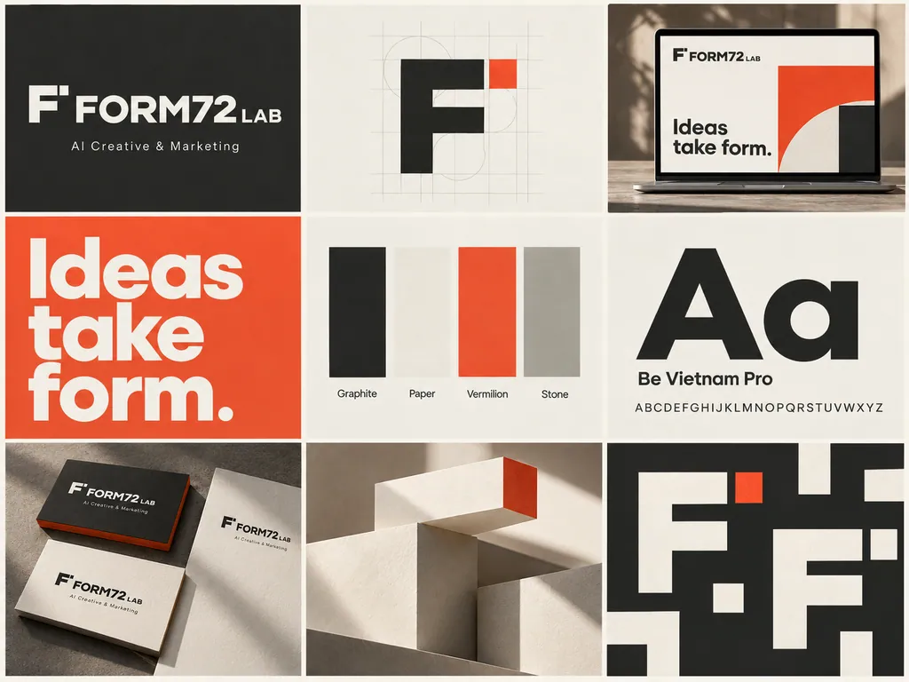 FORM72 LAB concept: a geometric F with a detached square, graphite and vermilion