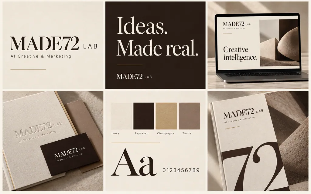 MADE72 LAB Signature identity: serif wordmark, the numeral 72 and espresso and champagne stationery
