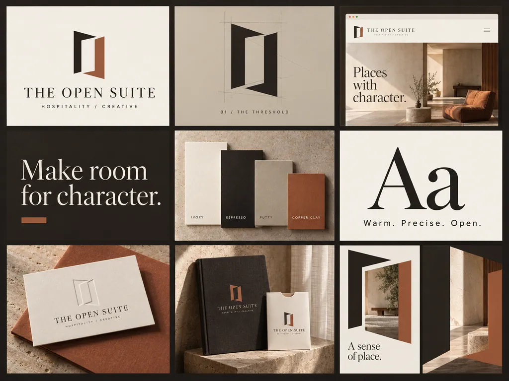 The Open Suite concept: two folded planes forming an open doorway, ivory, espresso and copper