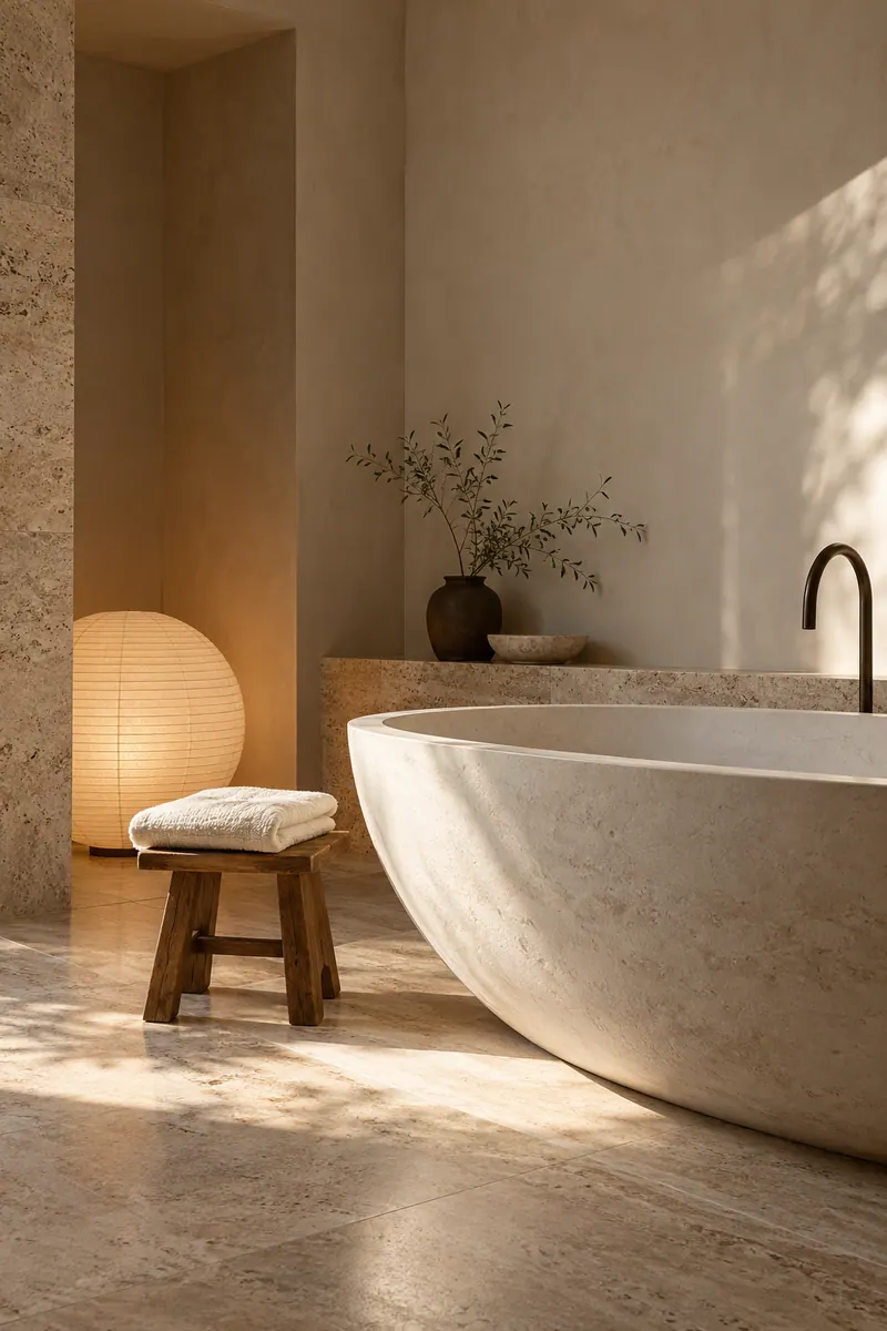 Phòng tắm đá travertine với bồn tắm và đèn giấy