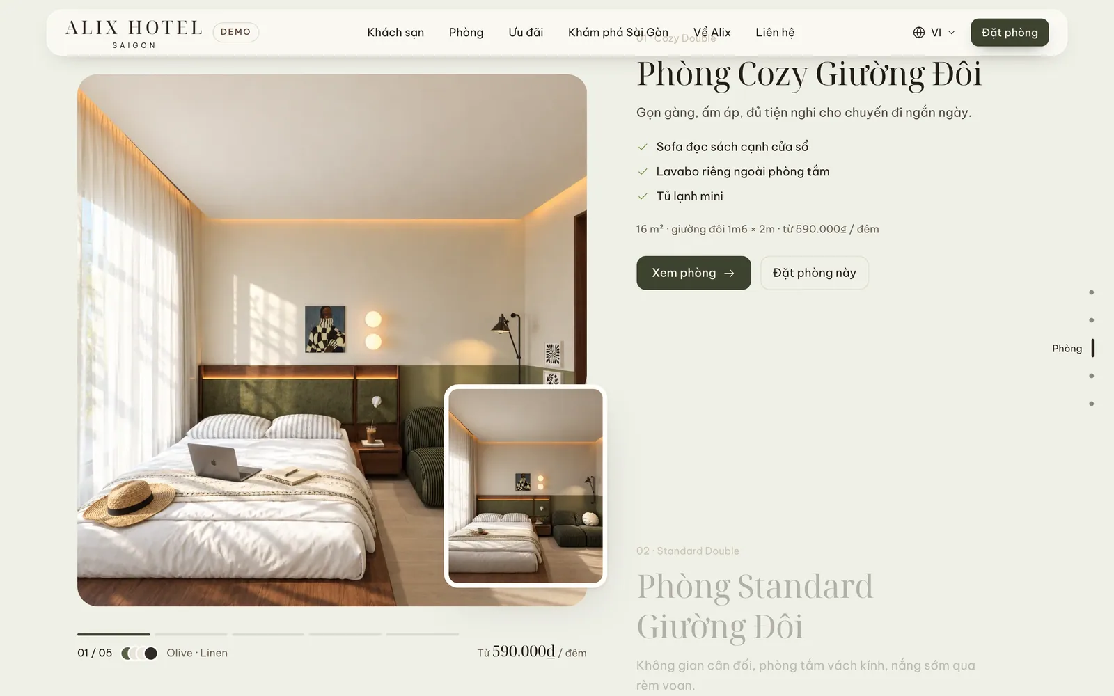 Mục hạng phòng trên website Alix: Phòng Cozy Giường Đôi