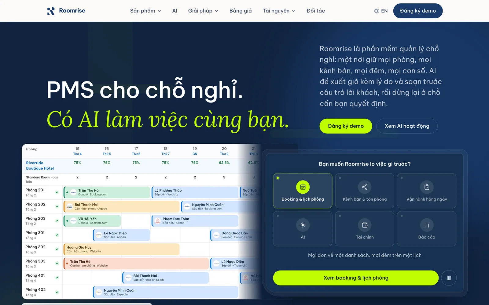Trang chủ Roomrise: PMS cho chỗ nghỉ, có AI làm việc cùng bạn