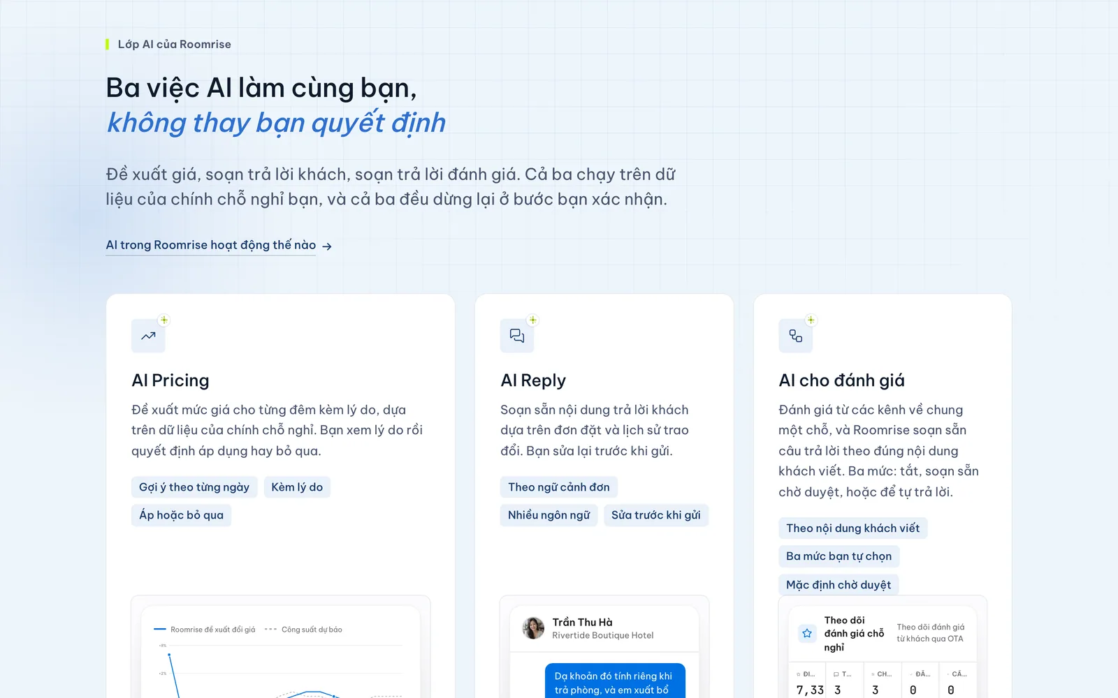 Ba việc AI làm cùng chủ nhà: đề xuất giá, trả lời khách, trả lời đánh giá